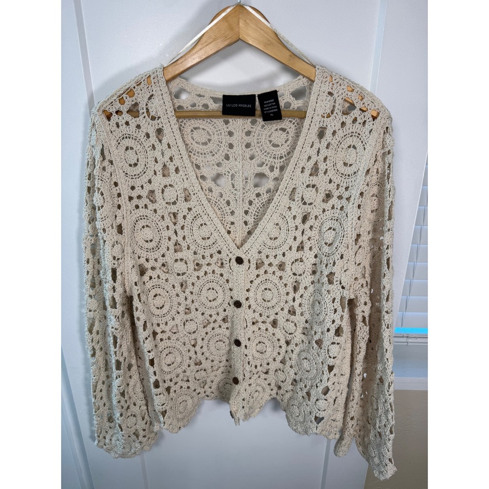 Liv LA Crochet Cardigan Antique Ivory Cotton V-Neck XL Boho Cottagecore Coquette
